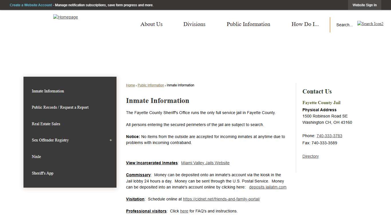 Inmate Information | Fayette Sheriff's Office, OH